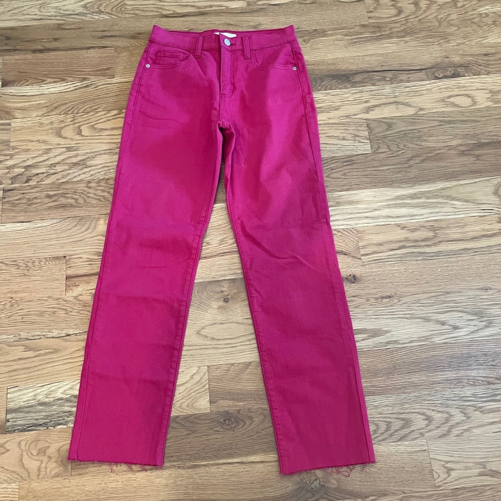 Altar'd State Womens Pink High Rise Straight Leg Raw Hem Jeans Size 24 Hot Pink